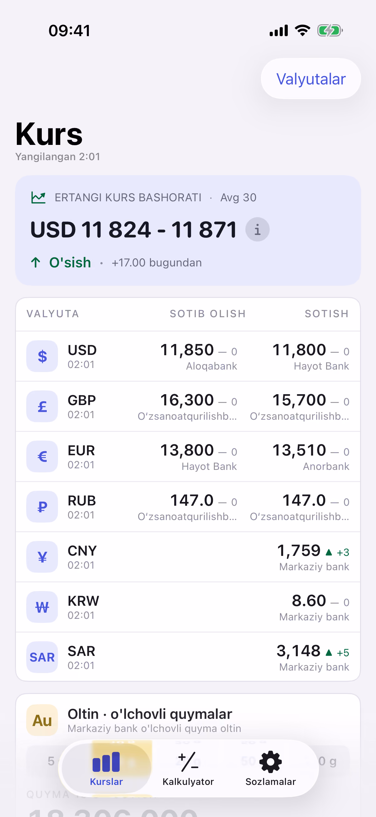 Kurs ilovasi — banklar valyuta kurslari bitta ekranda — Kurslar