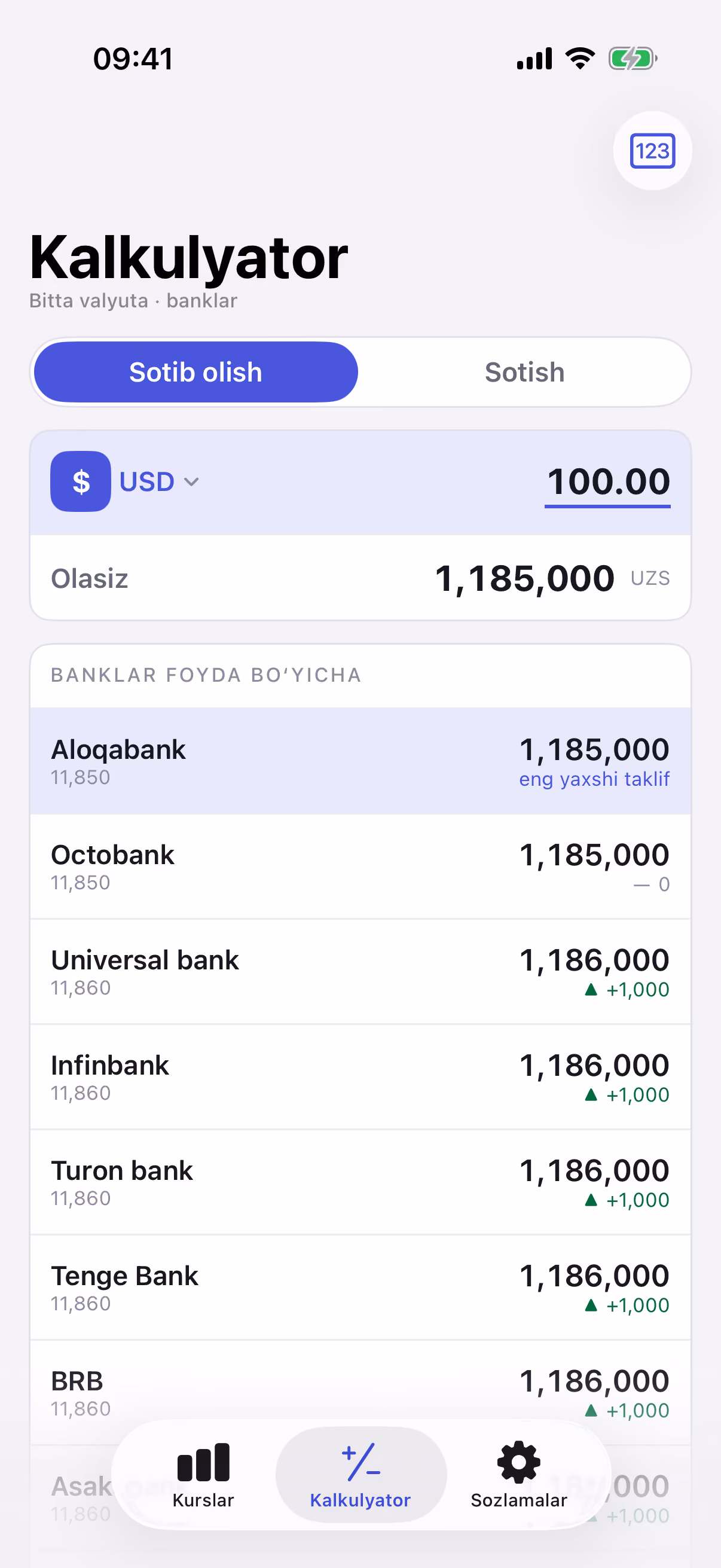 Kurs ilovasi — banklar valyuta kurslari bitta ekranda — Kalkulyator